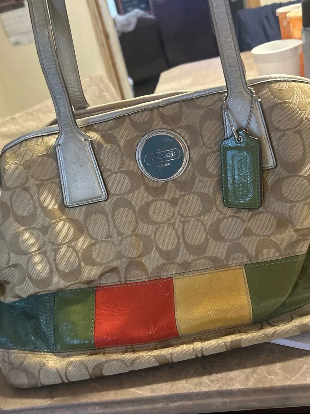 Coach Metallic Silver Leather Creed Patch with Pink Lining